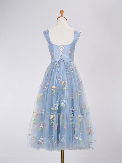 A Line Sweetheart Dusty Blue Long Prom Dress with Embroidery