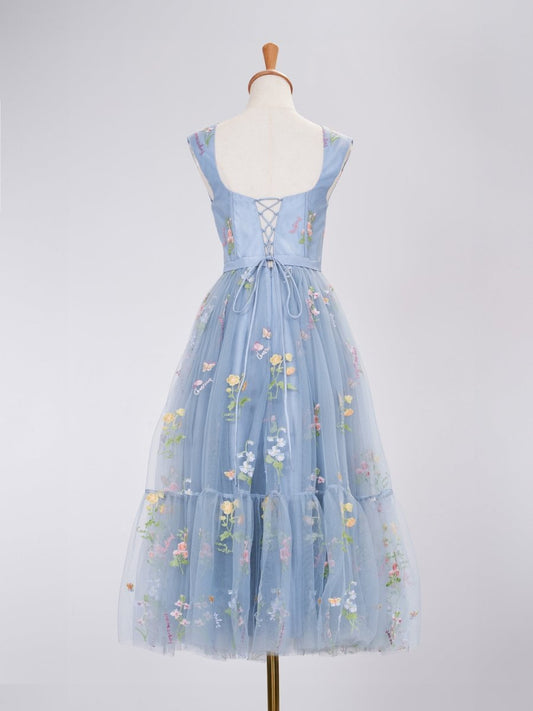 A Line Sweetheart Dusty Blue Long Prom Dress with Embroidery