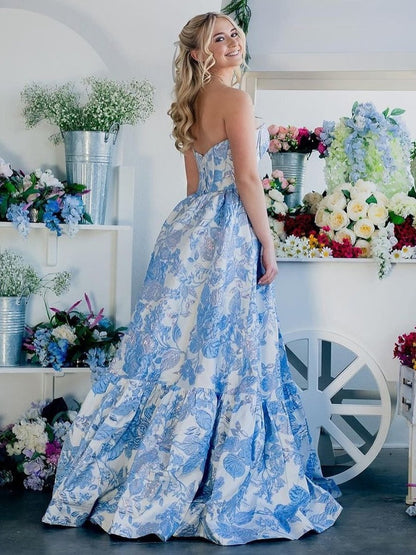 Sevoba | A-Line Sweetheart Floral Printed Long Prom Dresses
