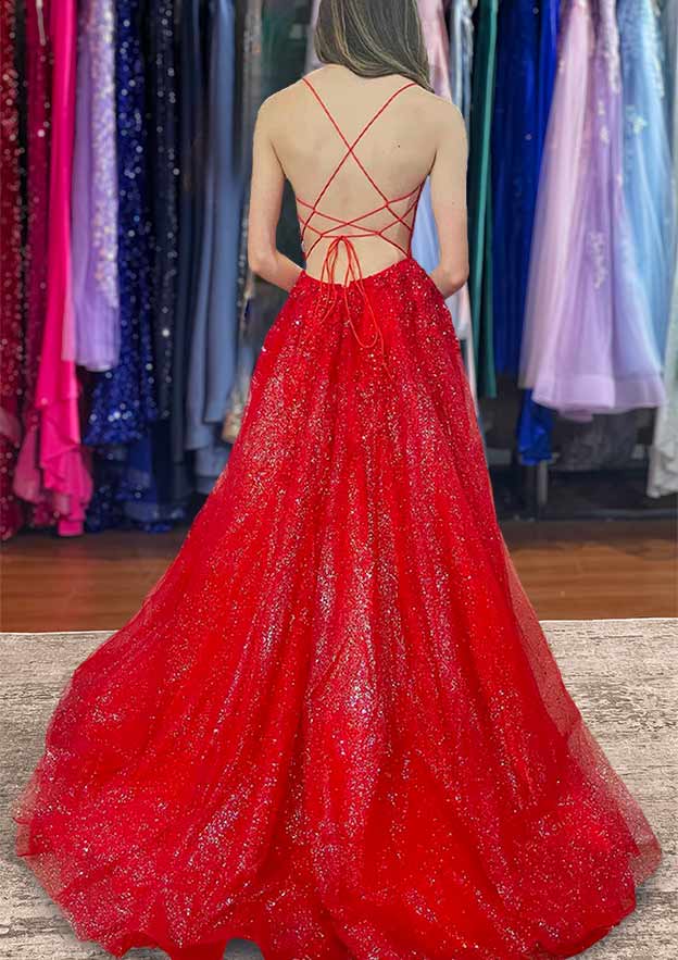 A-Line V-Neck Sleeveless Sweep Train Tulle Prom Dress/Evening Dress with Appliqued Beading Split Glitter