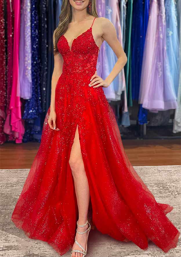 A-Line V-Neck Sleeveless Sweep Train Tulle Prom Dress/Evening Dress with Appliqued Beading Split Glitter