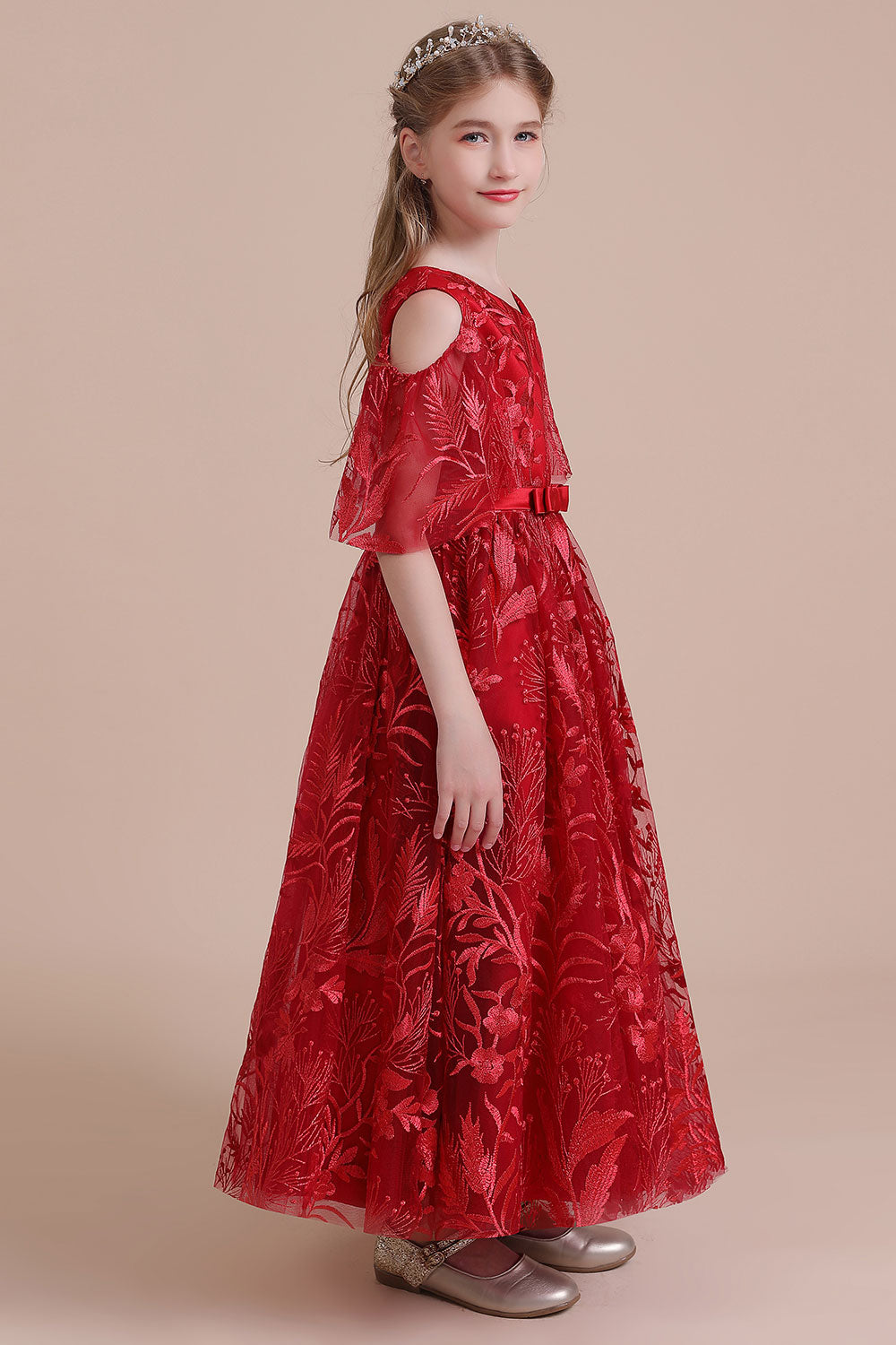 A-Line V-neck Tulle Cold-shoulder Flower Girl Dress On Sale