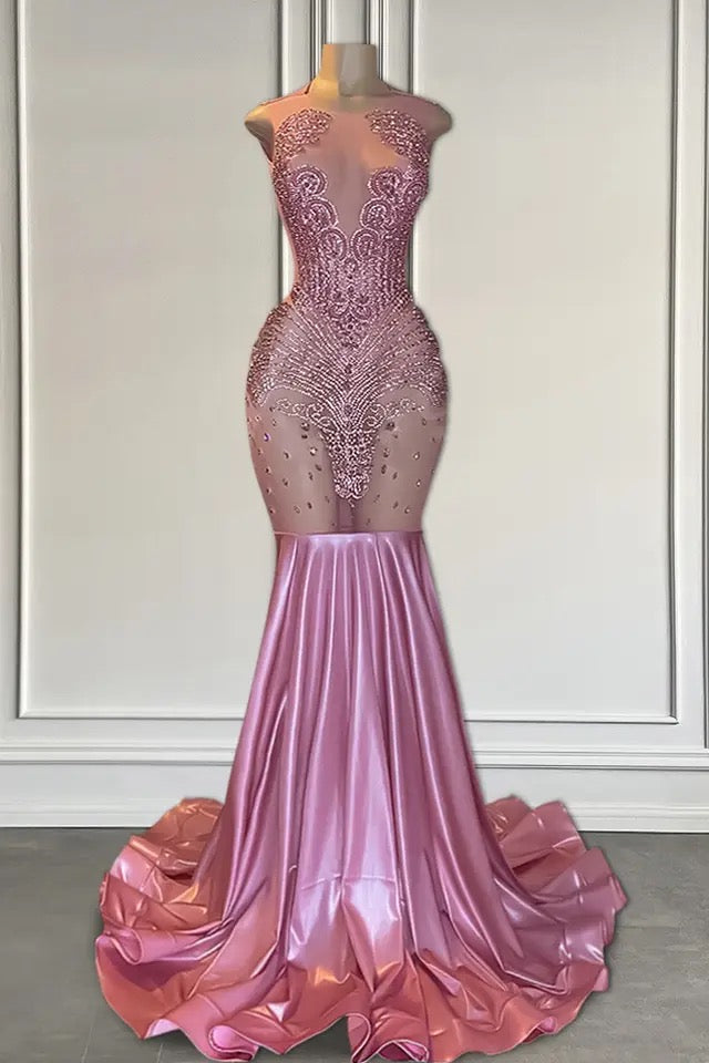 Gorgeous Long Pink Sleeveless Mermaid Formal Dresses Featuring Beadings