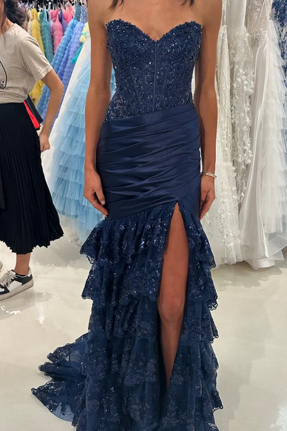 Sevoba|Red Strapless V-Neck Mermaid Pleated Layered Long Prom Dress with Slit