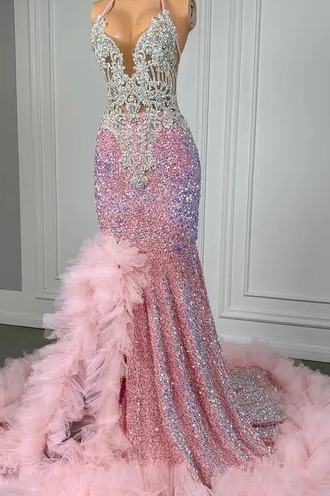 Glamorous Pink Halter Long Mermaid Formal Dresses with Sequins Beads and Tulle Ruffle