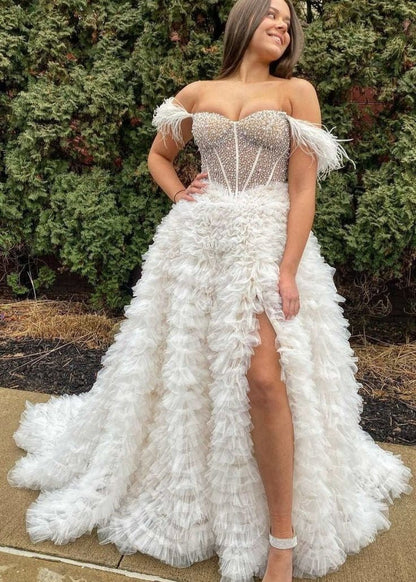 A Line Off the Shoulder Tiered Tulle Prom Dress With Slit