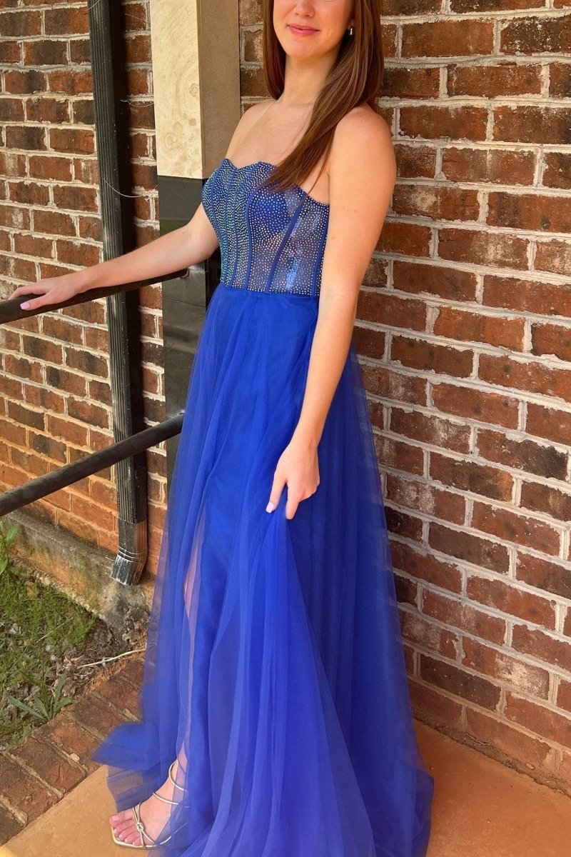 Abysmal | A-Line Strapless Beads Empire-Waist Sleeveless Prom Dress With Slit