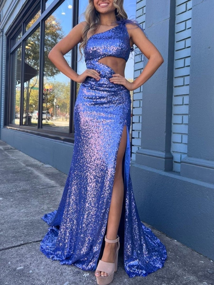 One Shoulder Sparkly Unique Black Mermaid Prom Dress