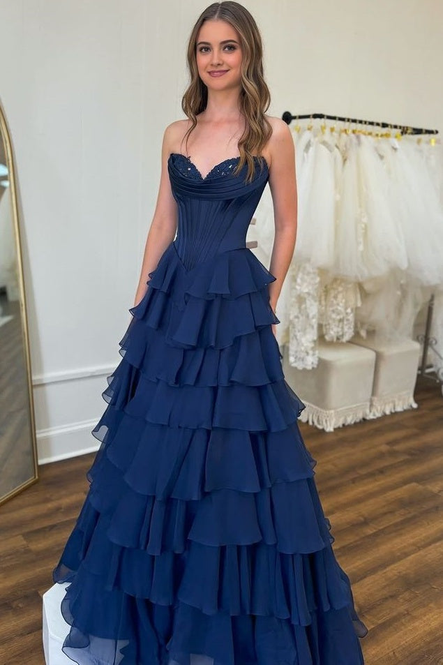 Sevoba|A-Line Strapless V-Neck Tiered Empire-Waist Long Prom Dress