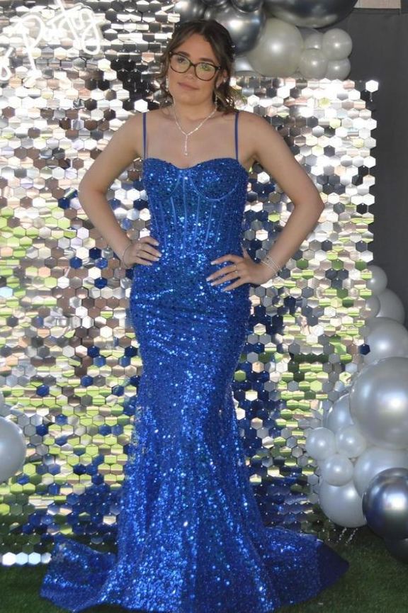 Sevoba|Mermaid Spaghetti Straps Glitter Mermaid Long Prom Formal Dress