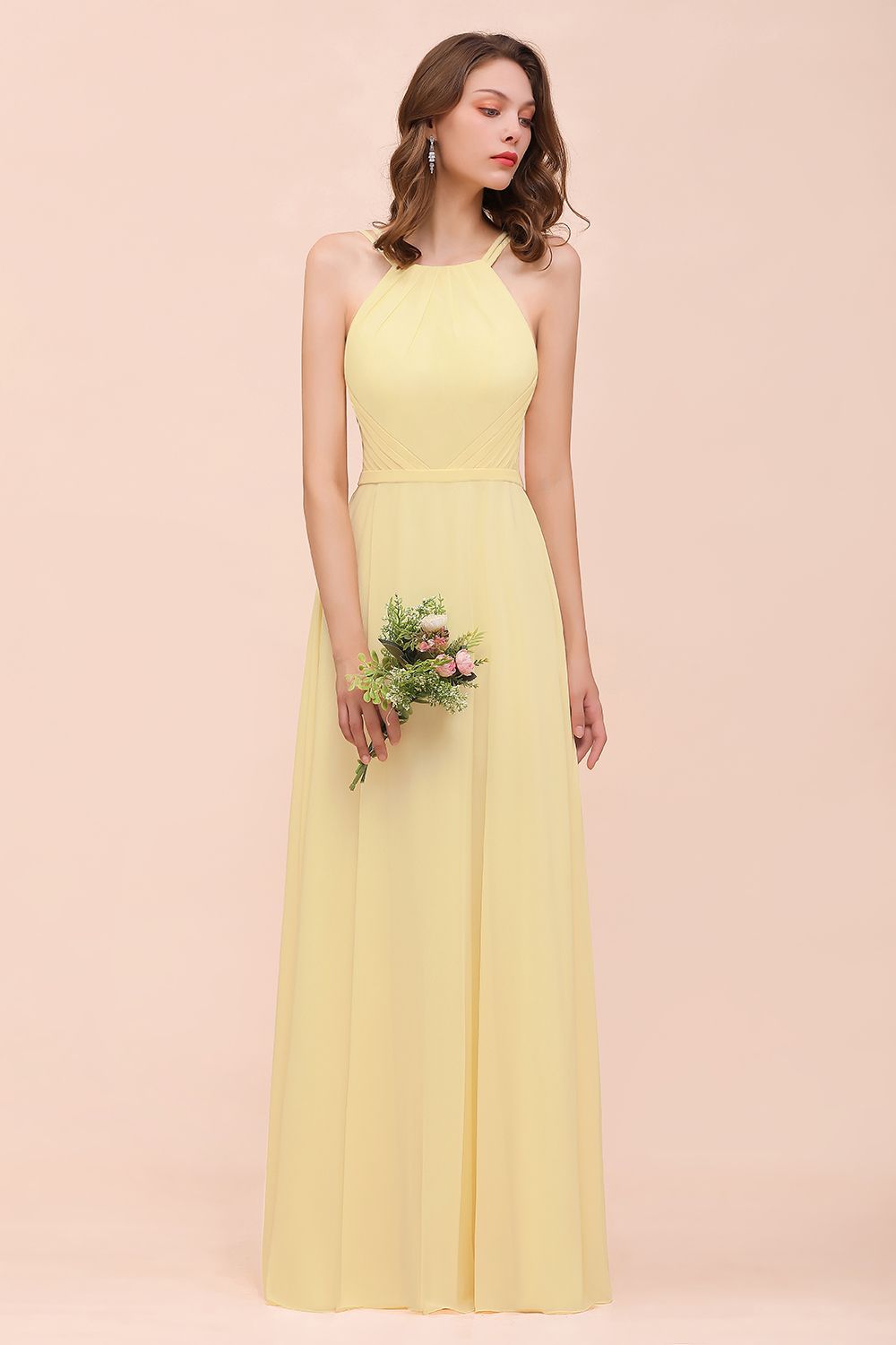 Affordable Daffodil Chiffon Sleeveless Long Bridesmaid Dresses with Ruffle