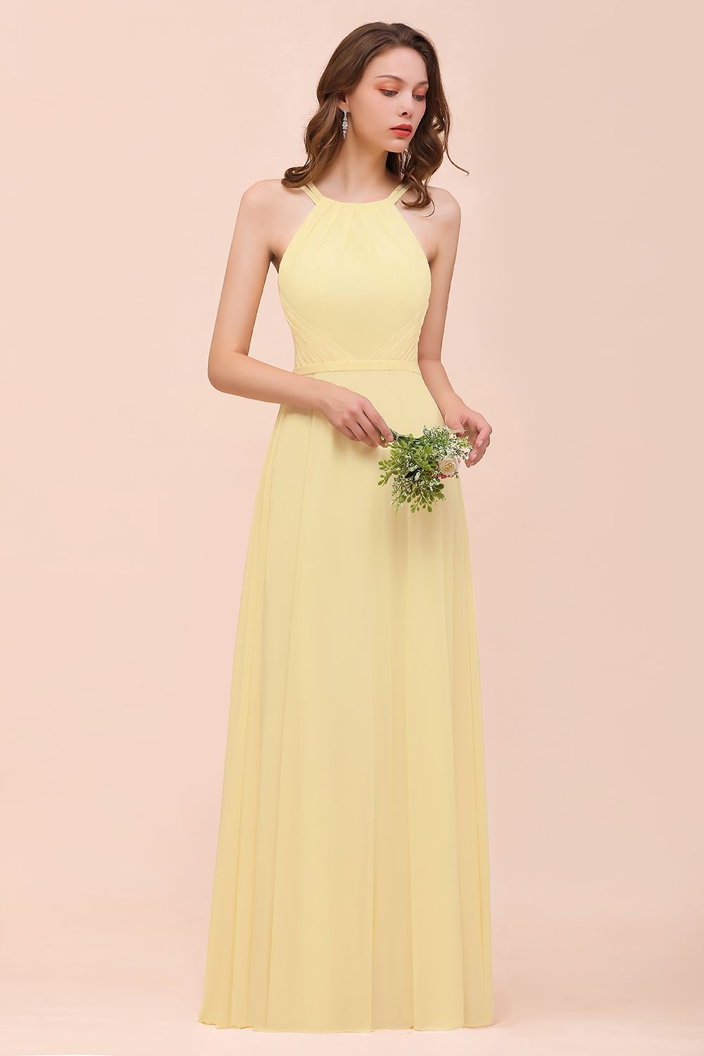 Affordable Daffodil Chiffon Sleeveless Long Bridesmaid Dresses with Ruffle