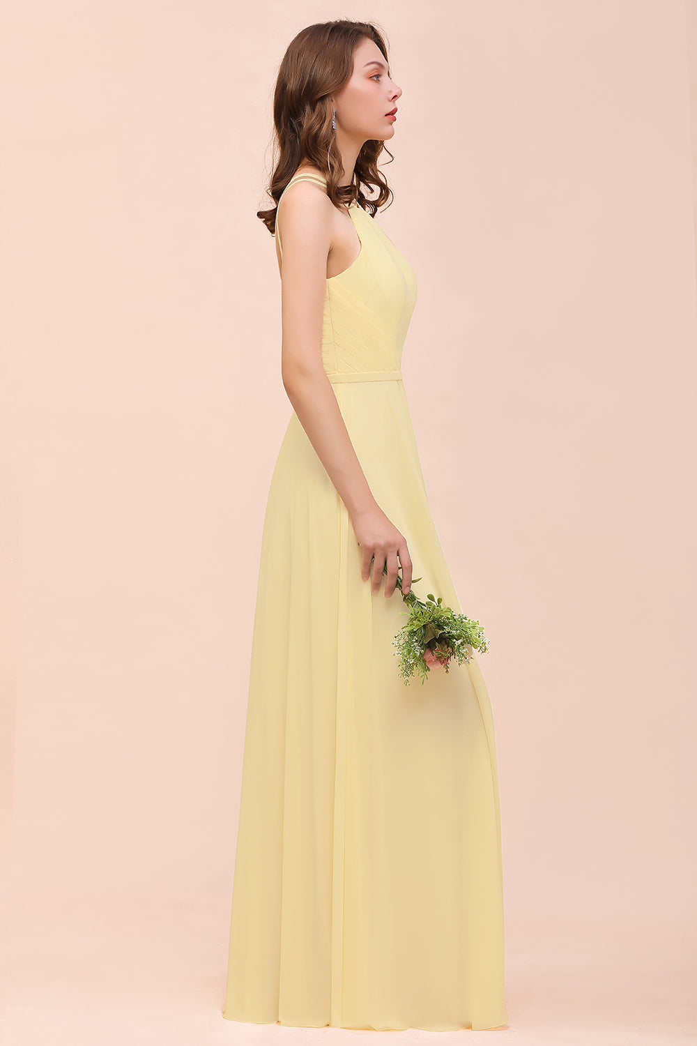 Affordable Daffodil Chiffon Sleeveless Long Bridesmaid Dresses with Ruffle