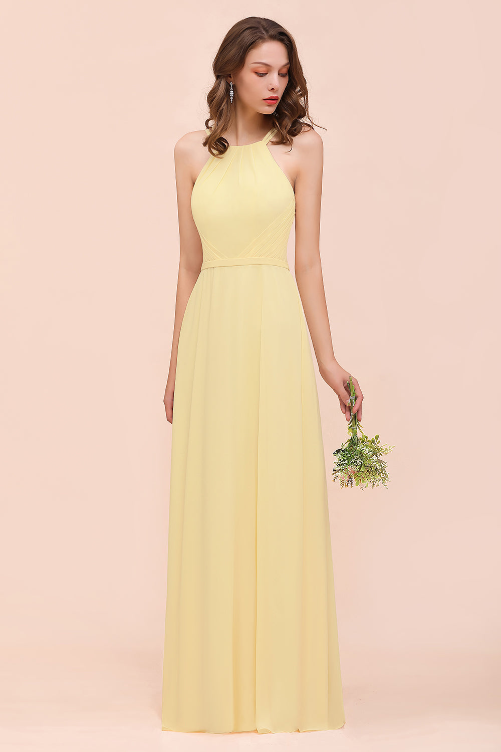 Affordable Daffodil Chiffon Sleeveless Long Bridesmaid Dresses with Ruffle