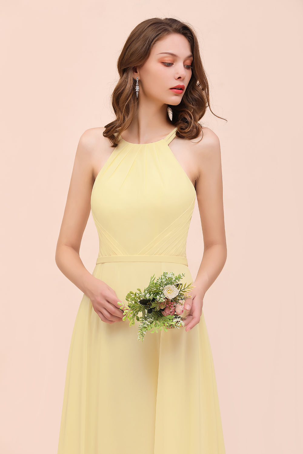 Affordable Daffodil Chiffon Sleeveless Long Bridesmaid Dresses with Ruffle