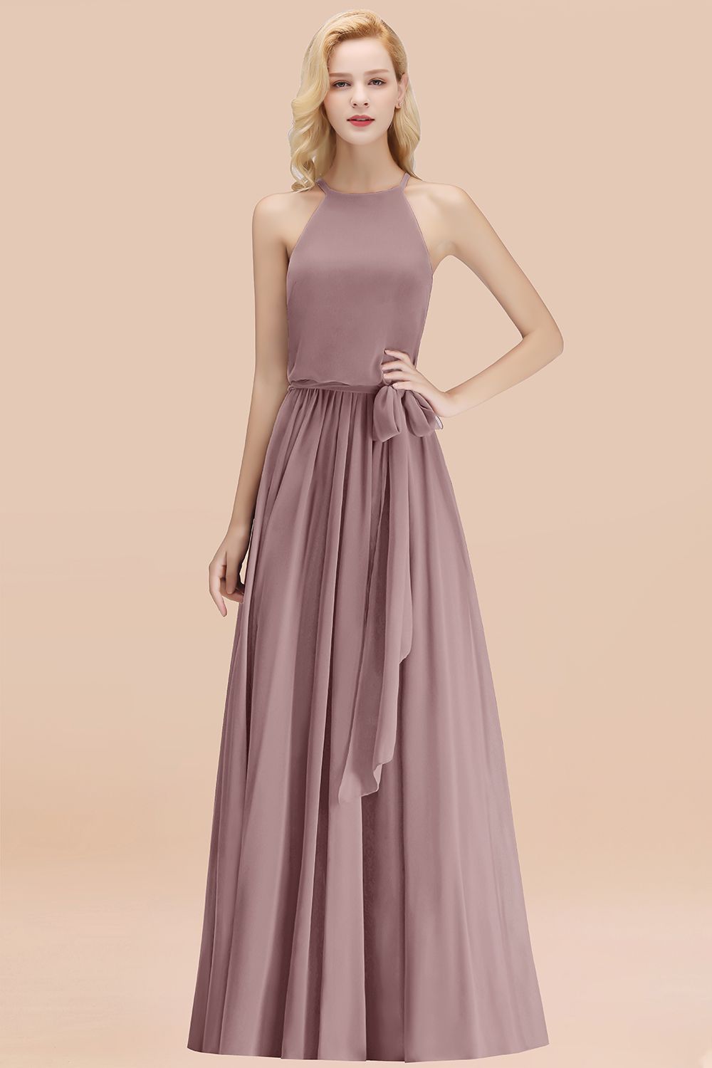 Affordable Halter Bow Long Bridesmaid Dresses Modest Burgundy Chiffon Wedding Party Dress