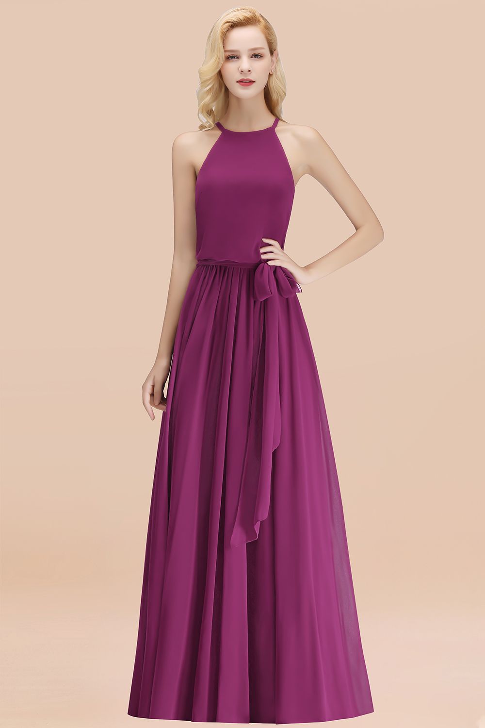 Affordable Halter Bow Long Bridesmaid Dresses Modest Burgundy Chiffon Wedding Party Dress