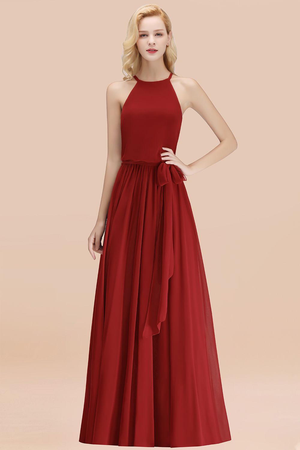 Affordable Halter Bow Long Bridesmaid Dresses Modest Burgundy Chiffon Wedding Party Dress