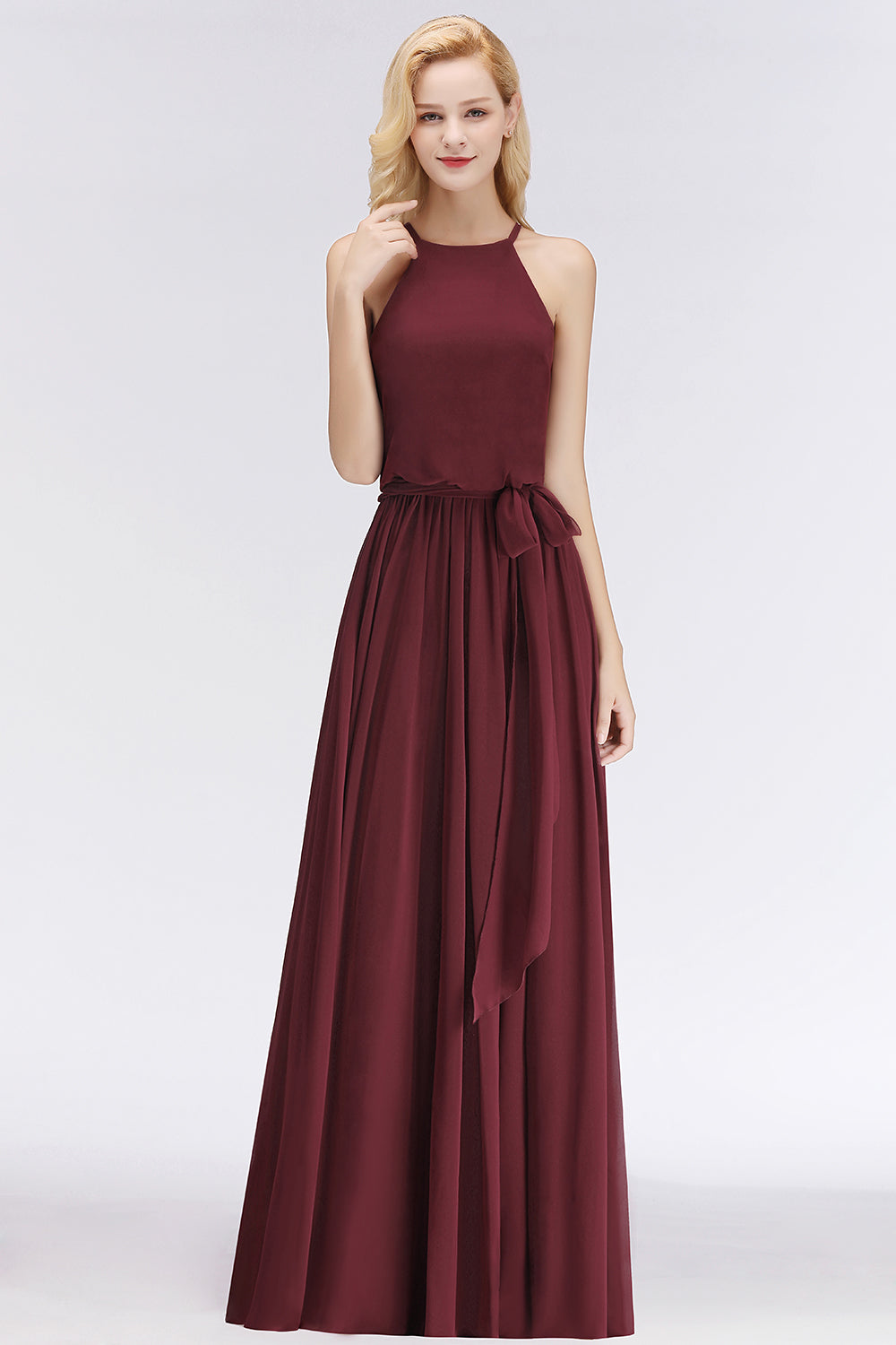 Affordable Halter Bow Long Bridesmaid Dresses Modest Burgundy Chiffon Wedding Party Dress