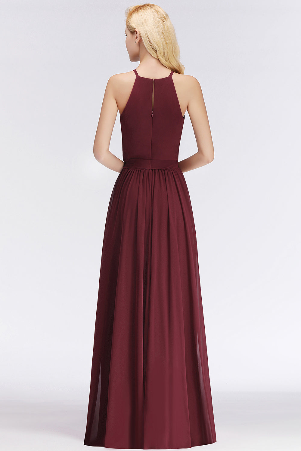 Affordable Halter Bow Long Bridesmaid Dresses Modest Burgundy Chiffon Wedding Party Dress