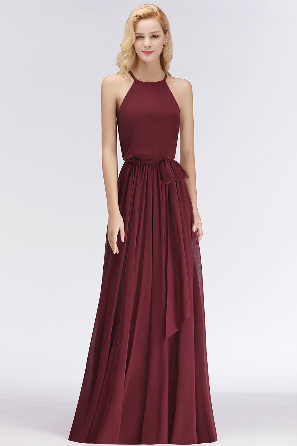 Affordable Halter Bow Long Bridesmaid Dresses Modest Burgundy Chiffon Wedding Party Dress