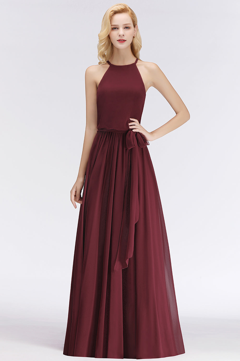 Affordable Halter Bow Long Bridesmaid Dresses Modest Burgundy Chiffon Wedding Party Dress