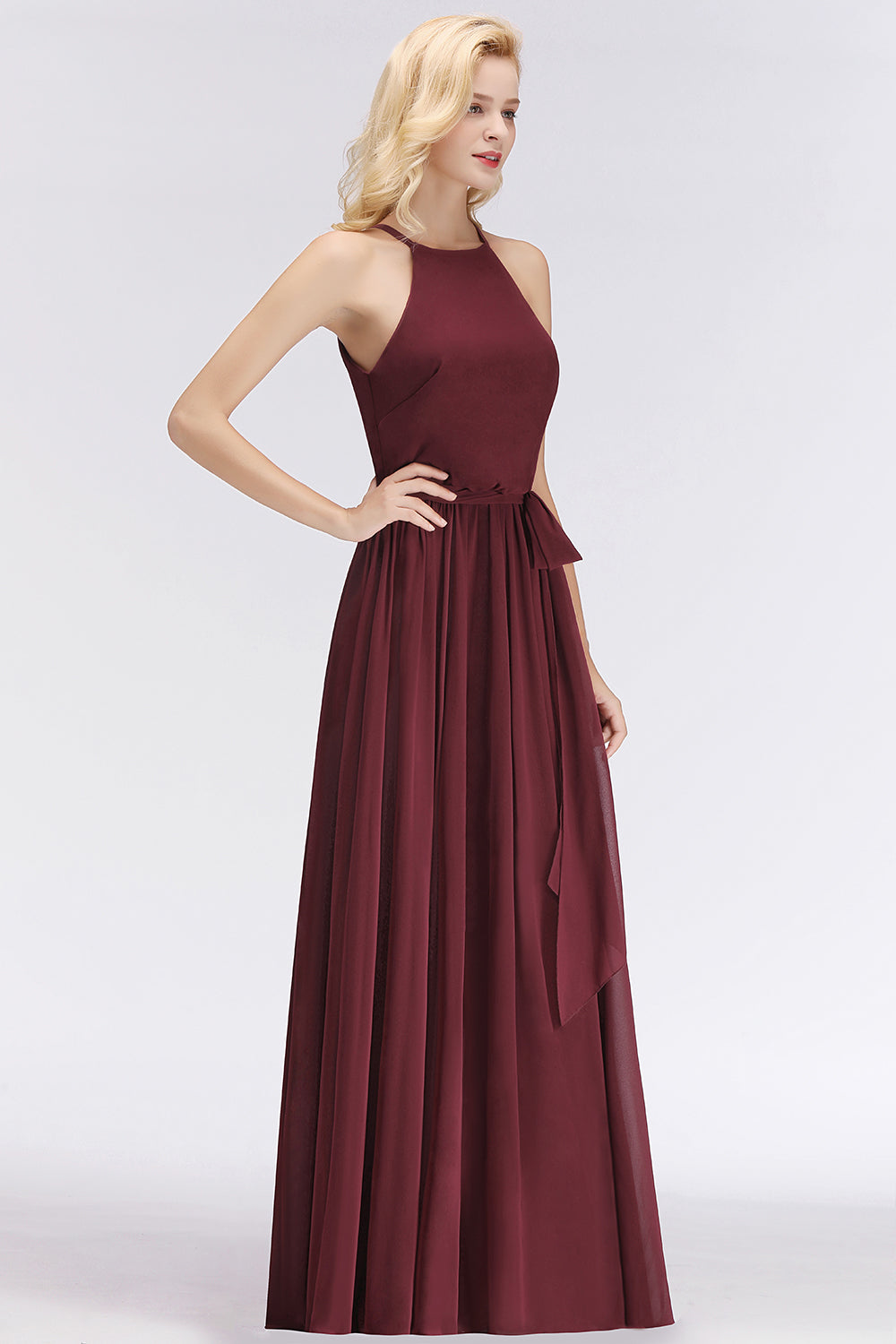 Affordable Halter Bow Long Bridesmaid Dresses Modest Burgundy Chiffon Wedding Party Dress