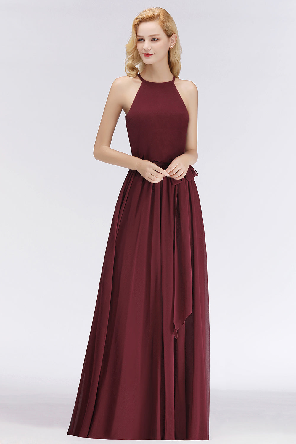 Affordable Halter Bow Long Bridesmaid Dresses Modest Burgundy Chiffon Wedding Party Dress