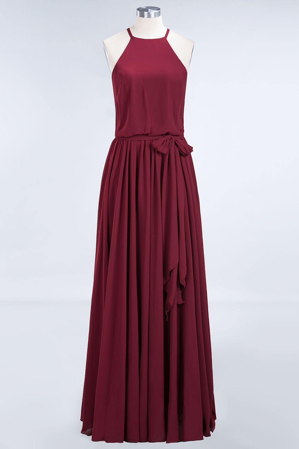 Affordable Halter Bow Long Bridesmaid Dresses Modest Burgundy Chiffon Wedding Party Dress