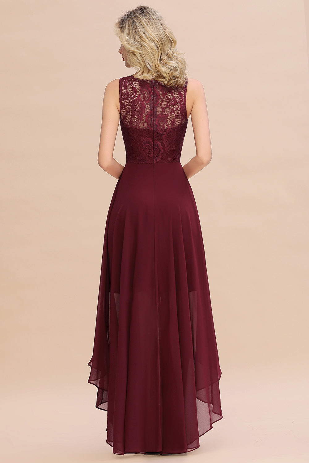 Affordable Hi-Lo Lace Sleeveless Burgundy Chiffon Bridesmaid Dresses