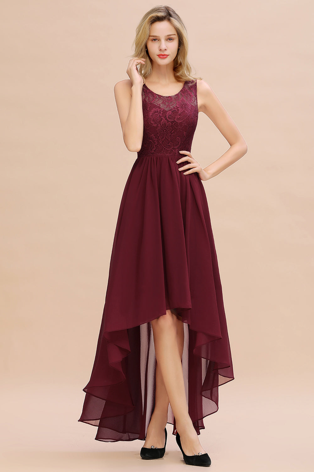 Affordable Hi-Lo Lace Sleeveless Burgundy Chiffon Bridesmaid Dresses