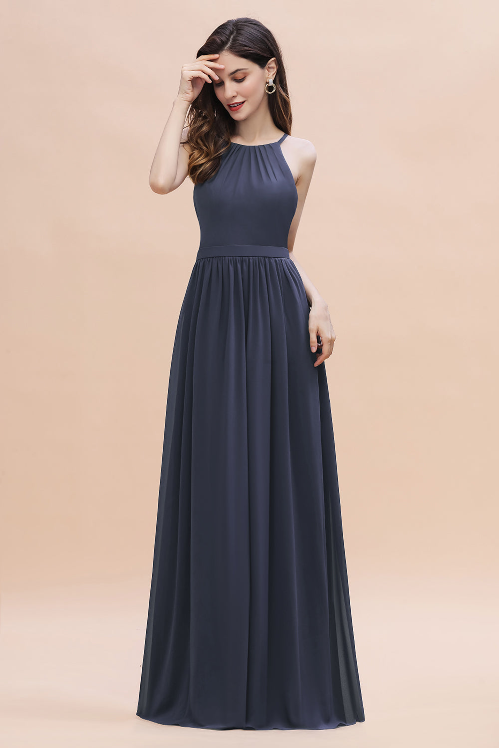 Affordable Jewel Sleeveless Stormy Chiffon Bridesmaid Dresses with Ruffles