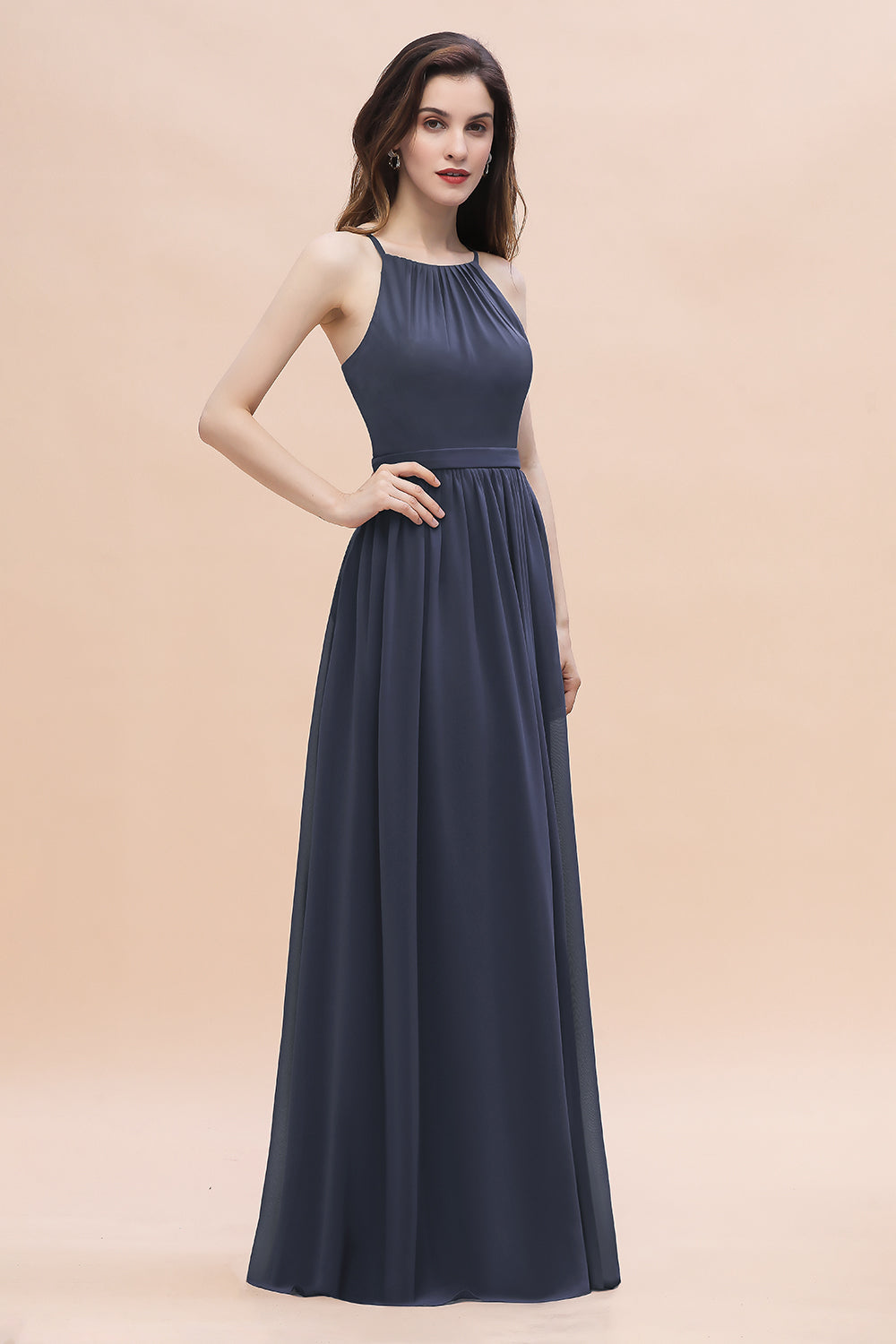 Affordable Jewel Sleeveless Stormy Chiffon Bridesmaid Dresses with Ruffles