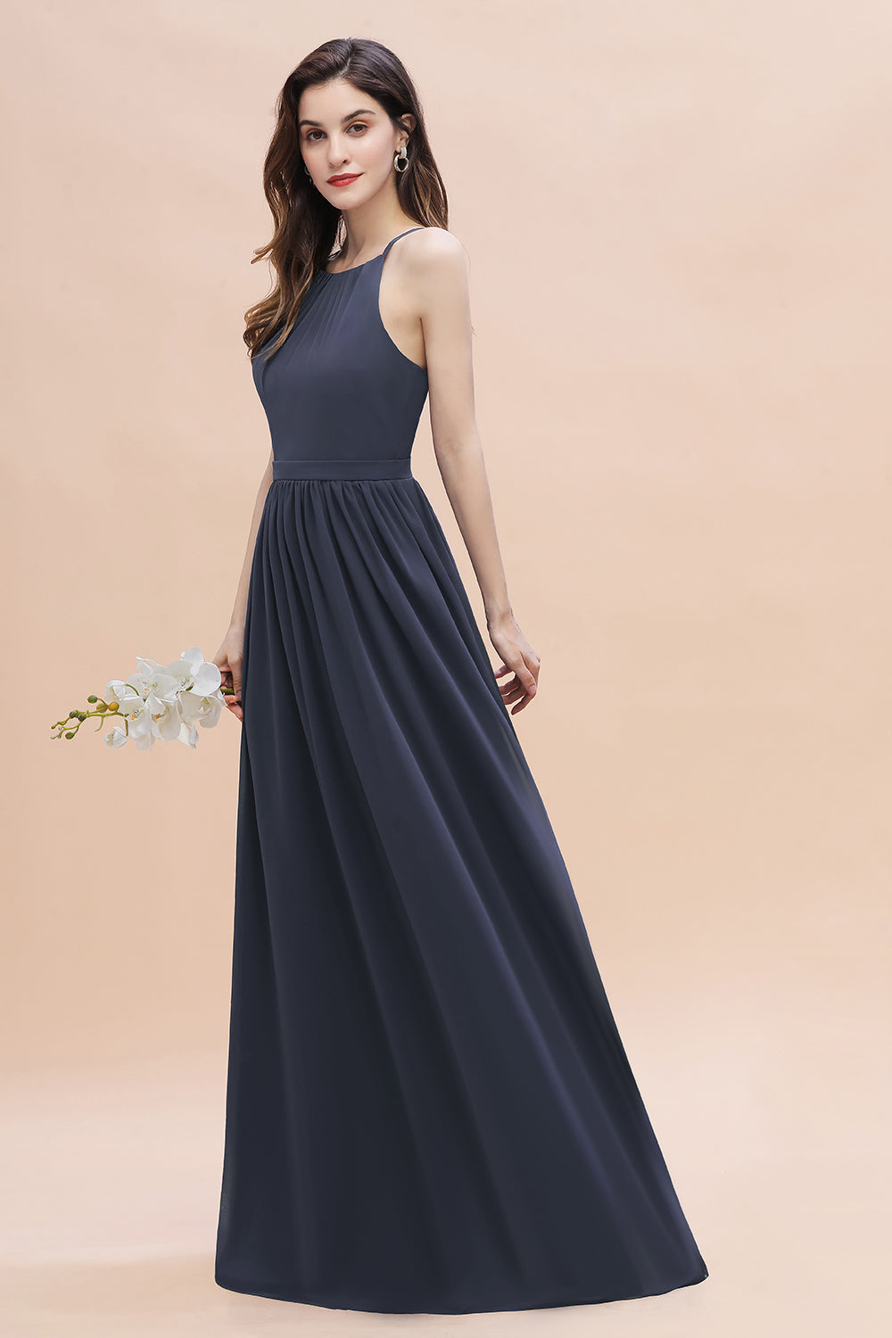 Affordable Jewel Sleeveless Stormy Chiffon Bridesmaid Dresses with Ruffles