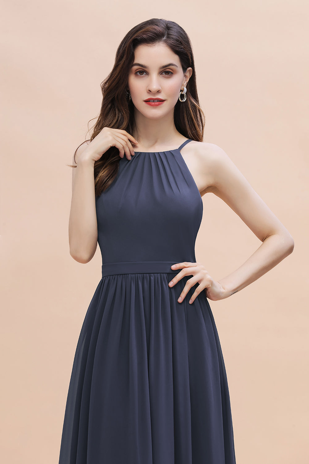 Affordable Jewel Sleeveless Stormy Chiffon Bridesmaid Dresses with Ruffles