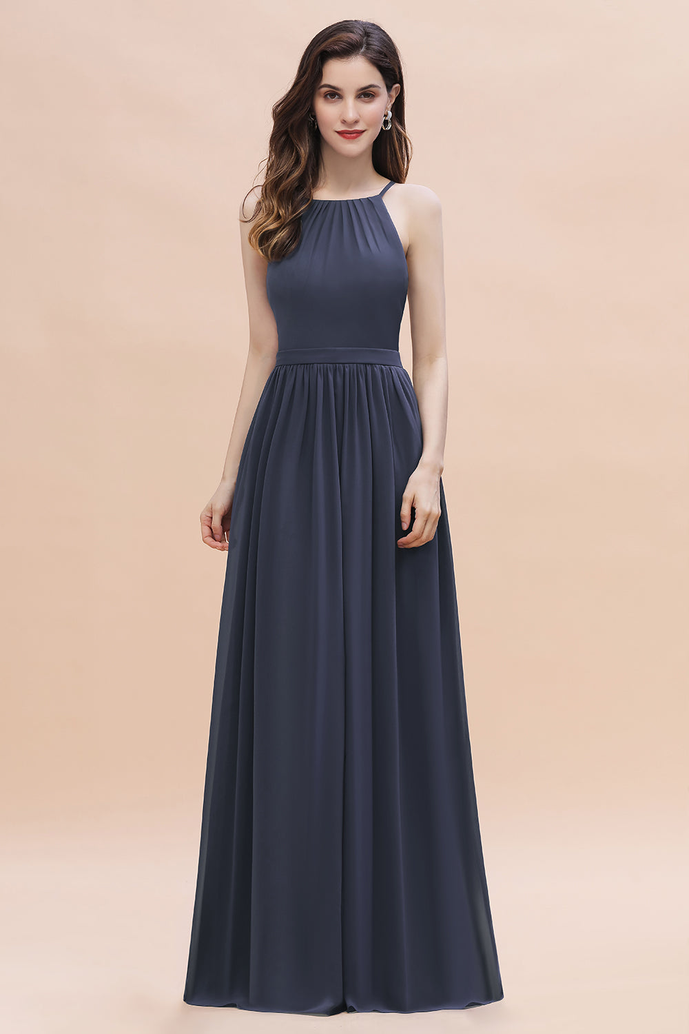 Affordable Jewel Sleeveless Stormy Chiffon Bridesmaid Dresses with Ruffles