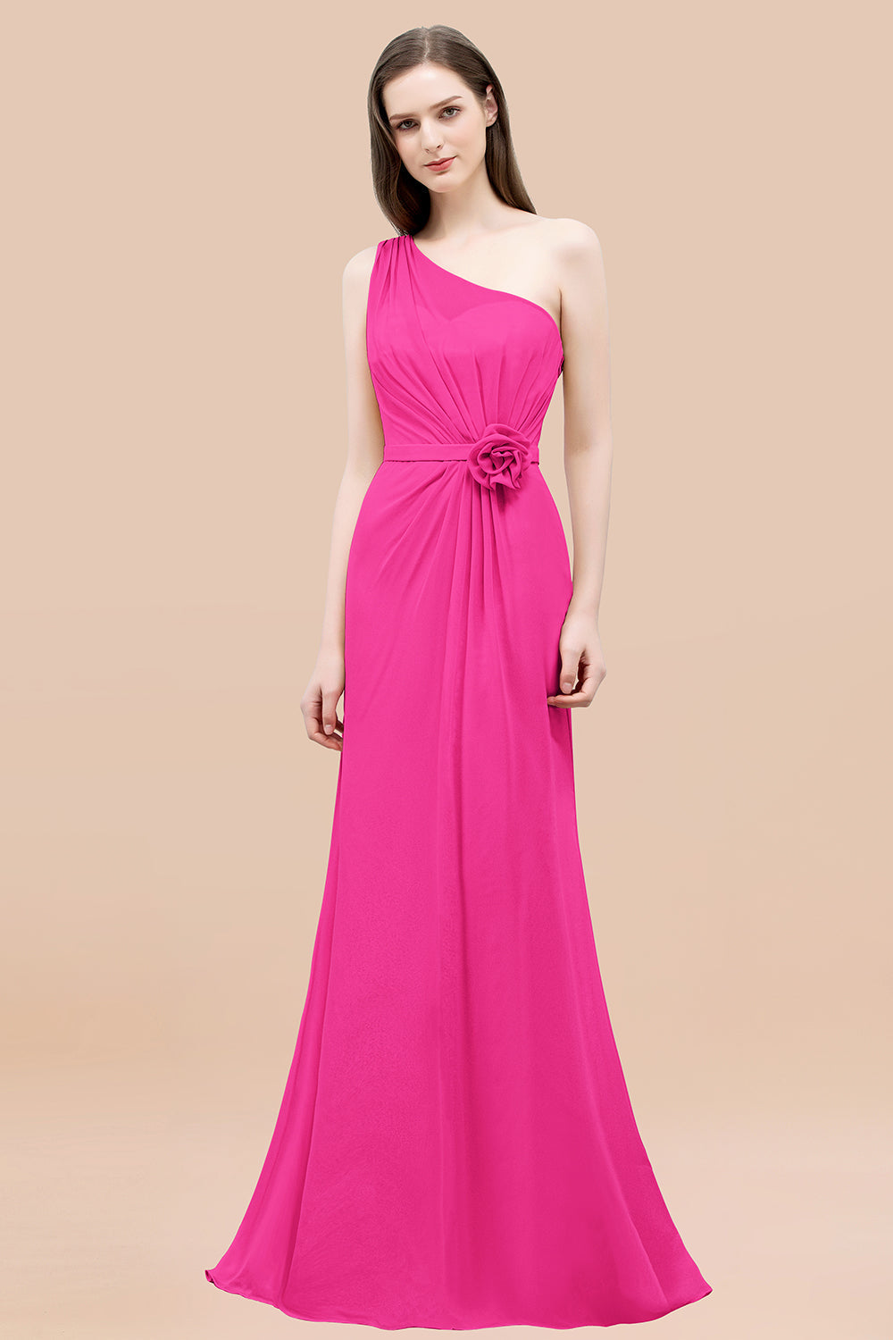 Affordable Mermaid One shoulder Pink Bridesmaid dresses with Flowers