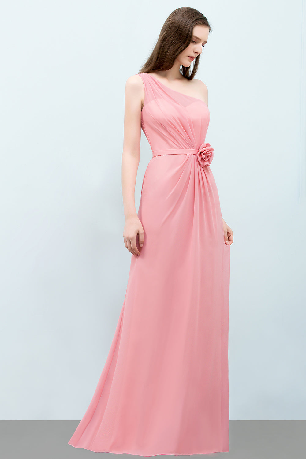 Affordable Mermaid One shoulder Pink Bridesmaid dresses with Flowers