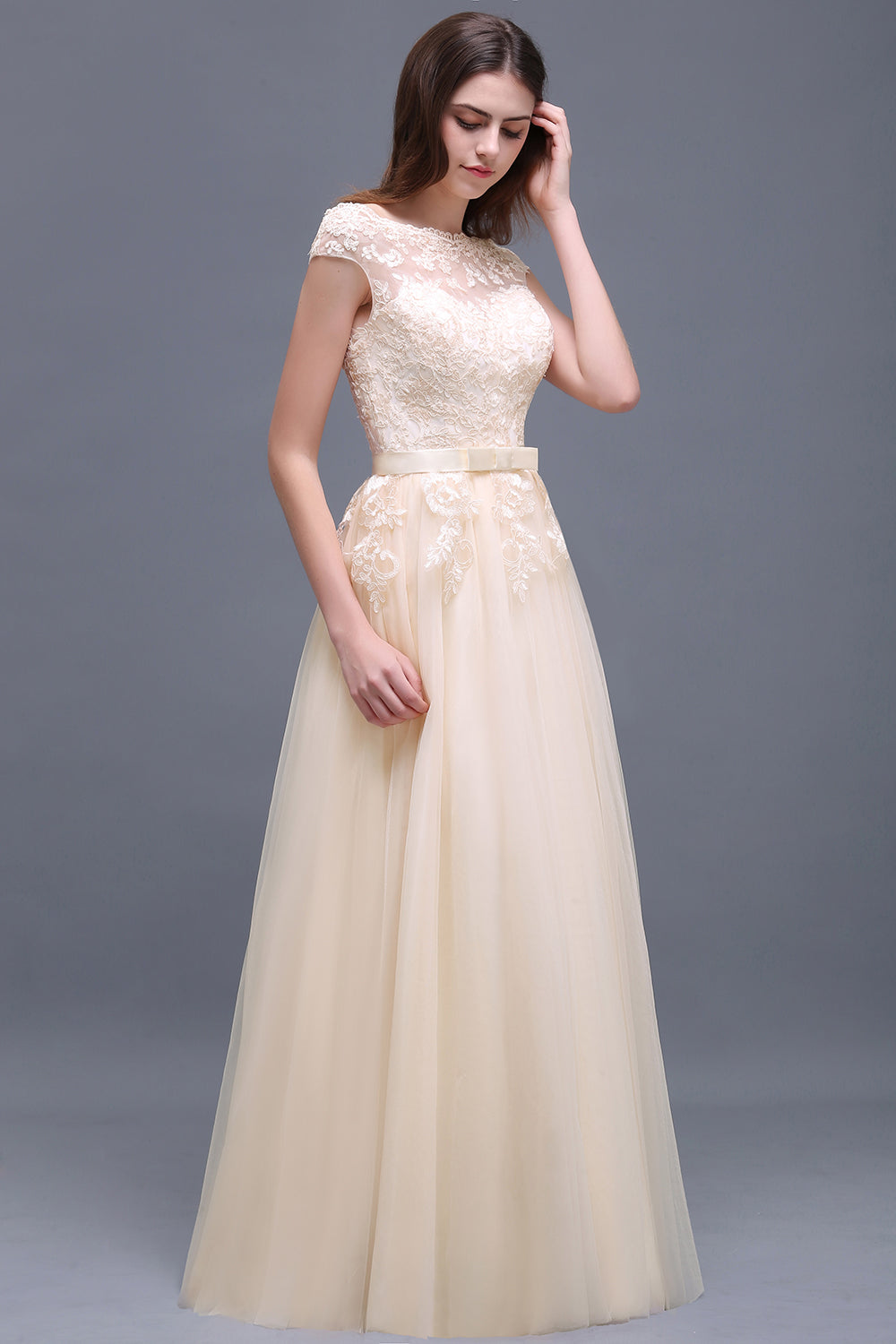 Affordable Off-the-Shoulder Champagne Bridesmaid dresses with Appliques