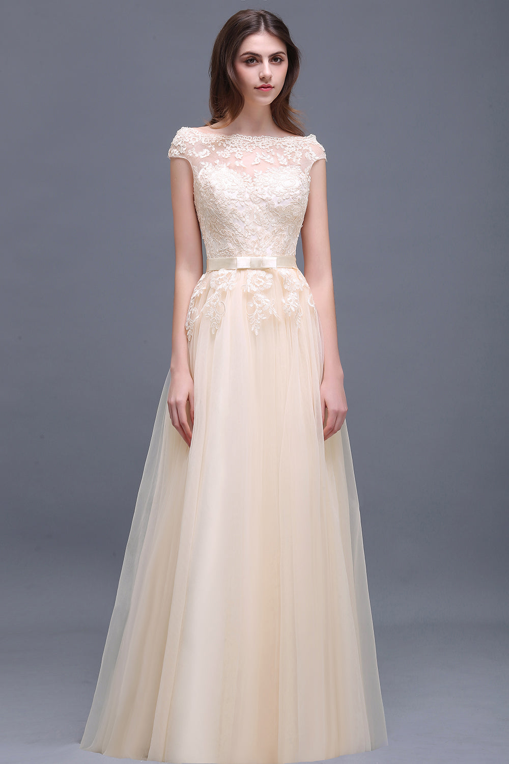 Affordable Off-the-Shoulder Champagne Bridesmaid dresses with Appliques