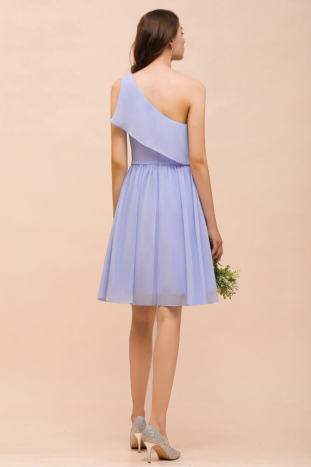 Affordable One Shoulder Ruffle Lavender Chiffon Short Bridesmaid Dresses