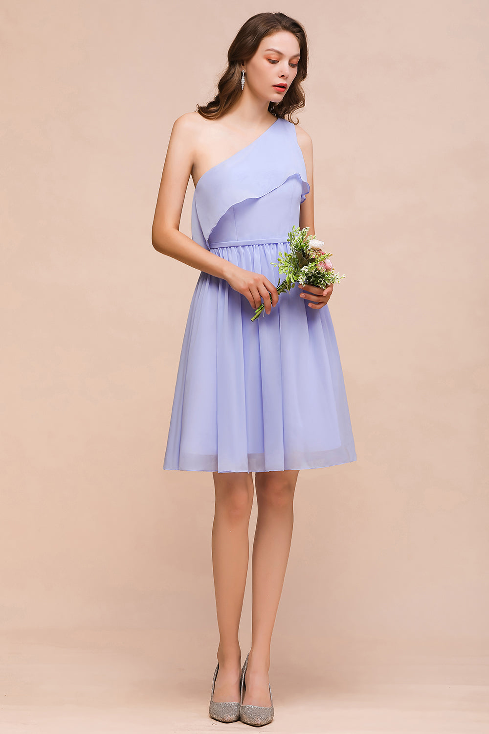 Affordable One Shoulder Ruffle Lavender Chiffon Short Bridesmaid Dresses