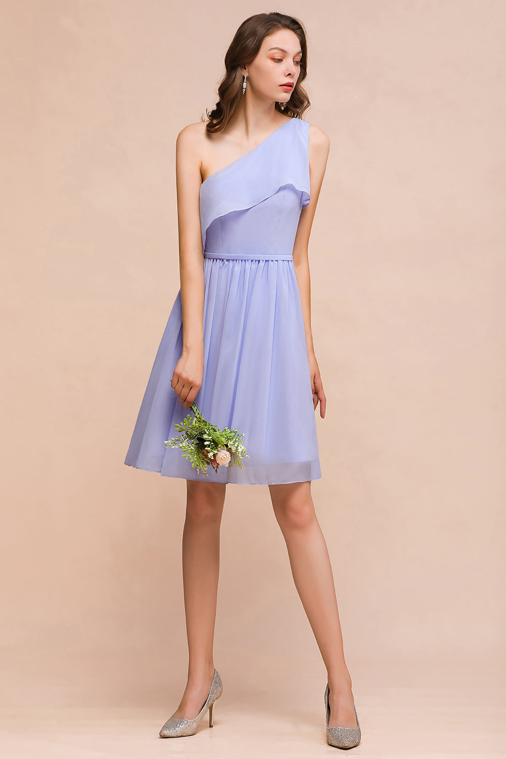 Affordable One Shoulder Ruffle Lavender Chiffon Short Bridesmaid Dresses