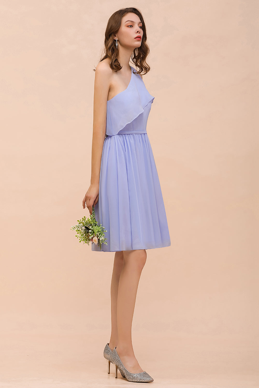 Affordable One Shoulder Ruffle Lavender Chiffon Short Bridesmaid Dresses