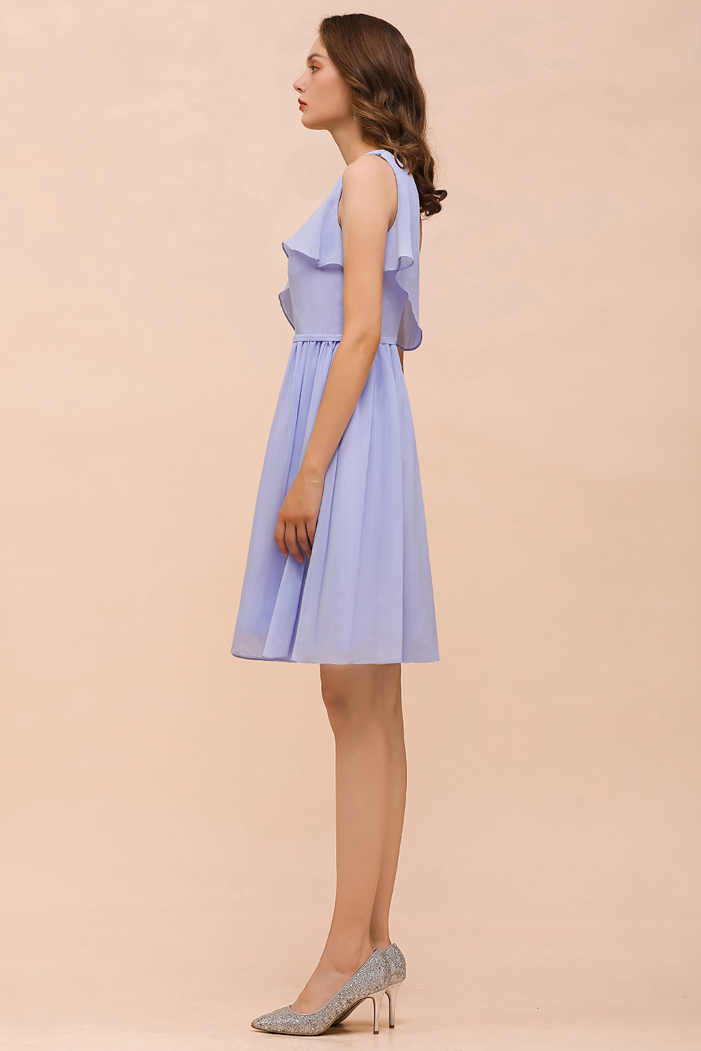 Affordable One Shoulder Ruffle Lavender Chiffon Short Bridesmaid Dresses