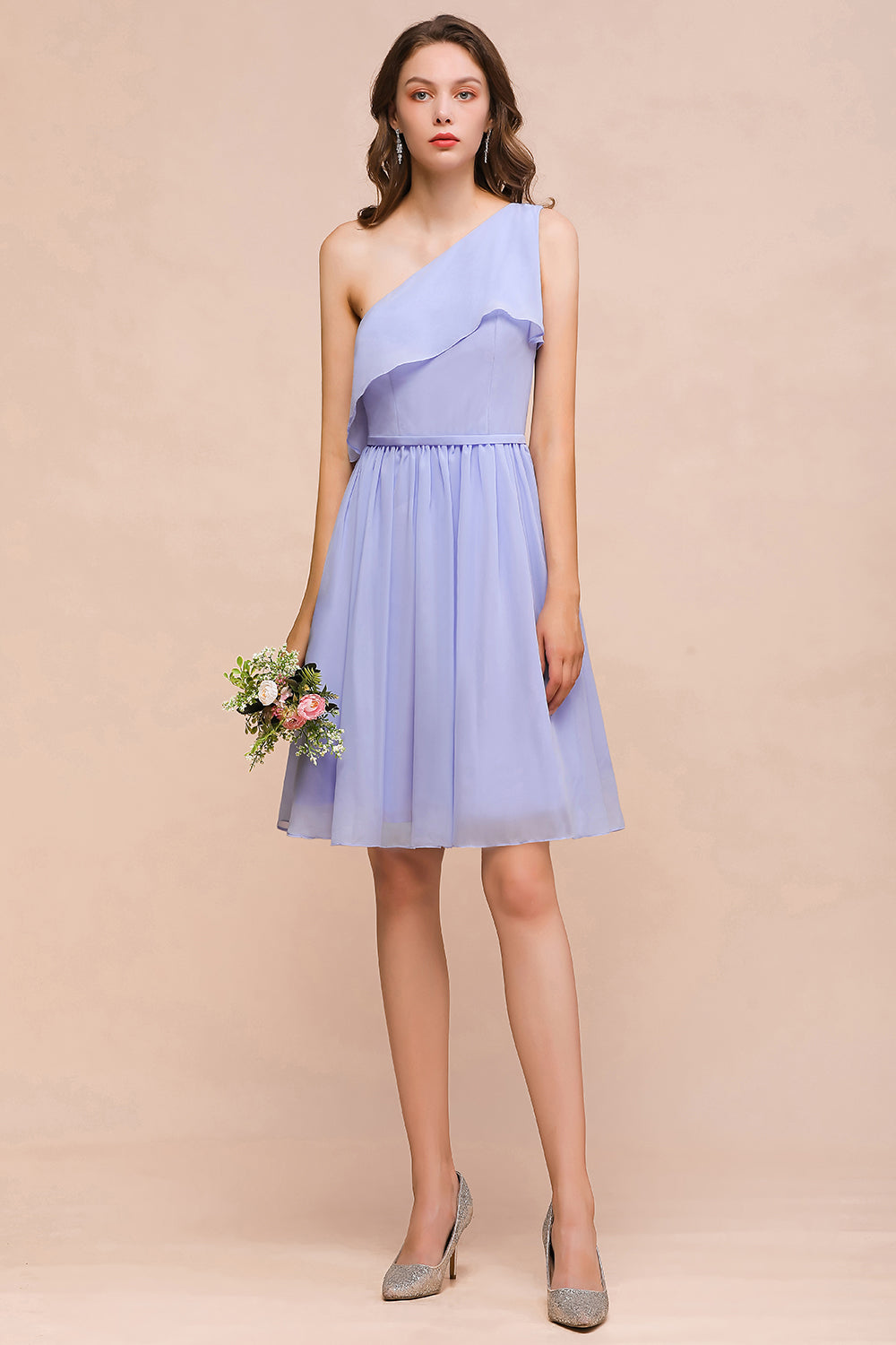 Affordable One Shoulder Ruffle Lavender Chiffon Short Bridesmaid Dresses