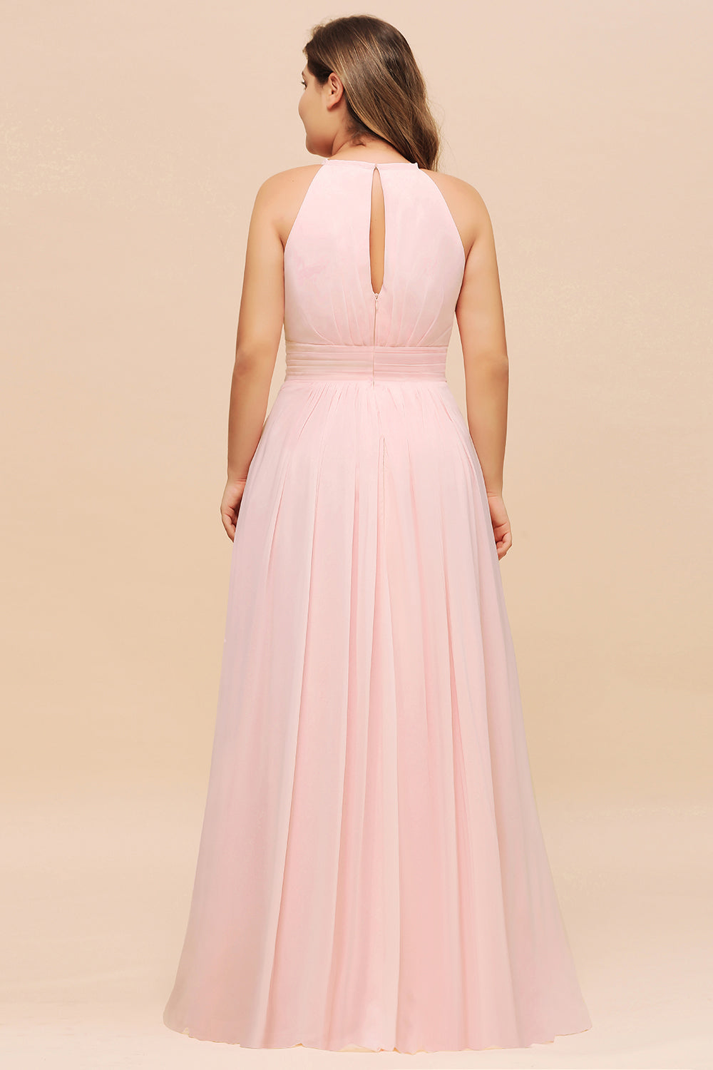 Affordable Plus Size Chiffon Round Neck Pink Bridesmaid Dresses