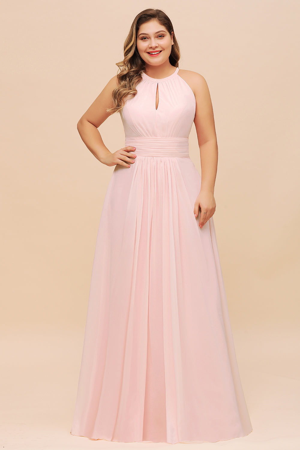 Affordable Plus Size Chiffon Round Neck Pink Bridesmaid Dresses