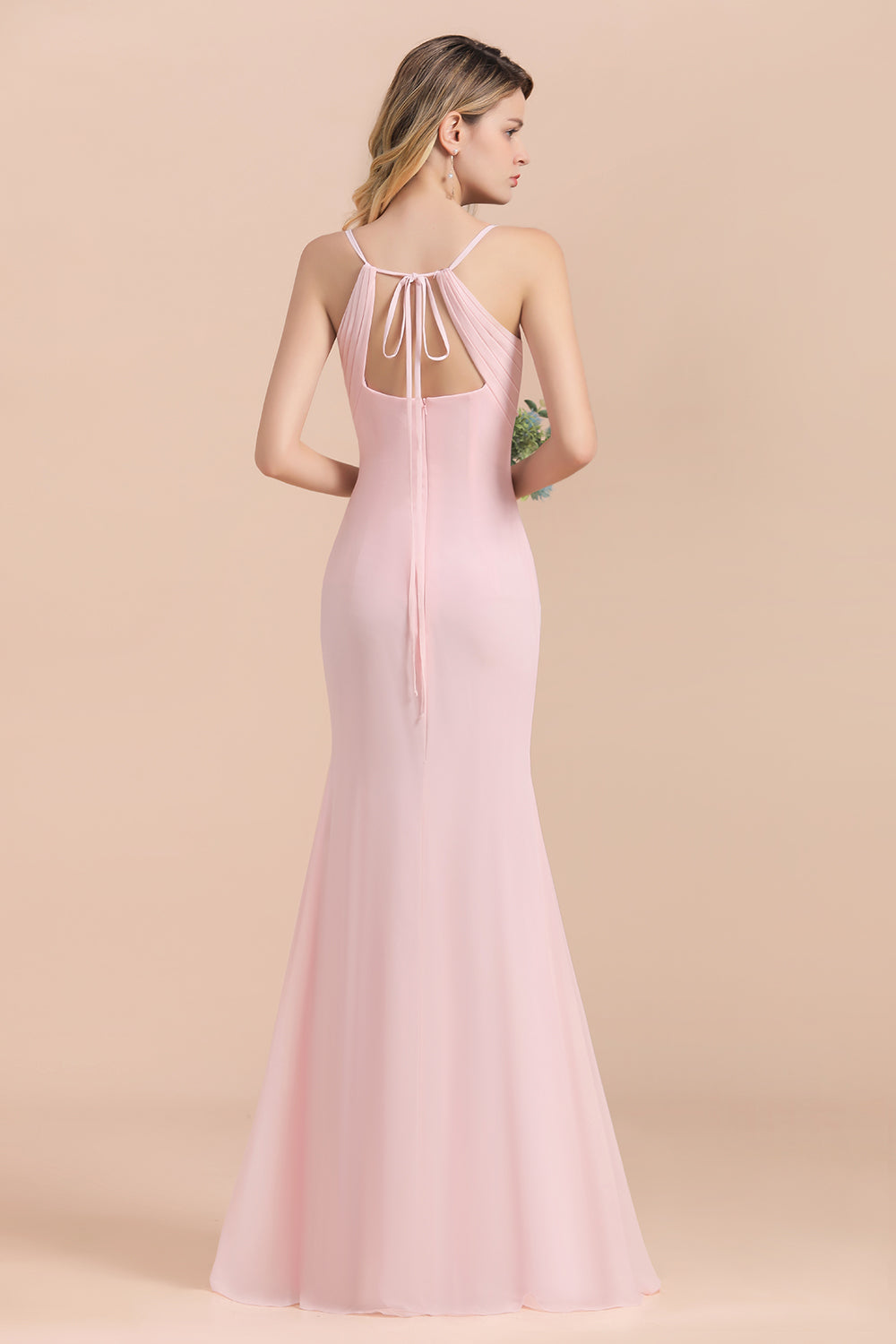 Affordable Sheath V-Neck Blushing Pink Chiffon Bridesmaid Dresses with Spaghetii Straps