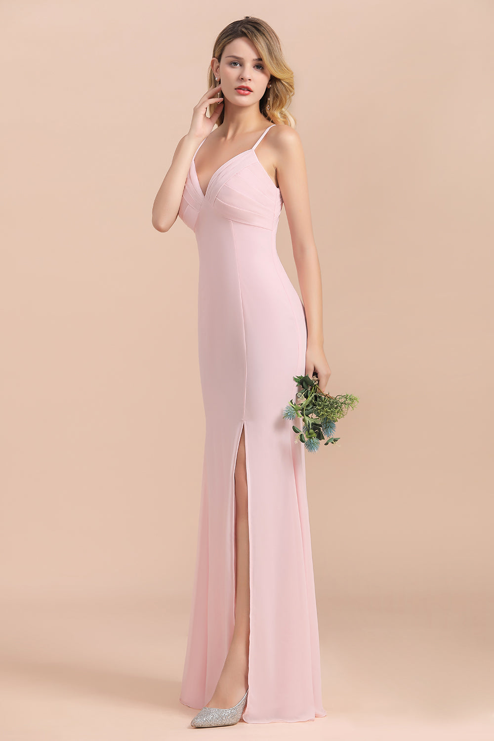 Affordable Sheath V-Neck Blushing Pink Chiffon Bridesmaid Dresses with Spaghetii Straps